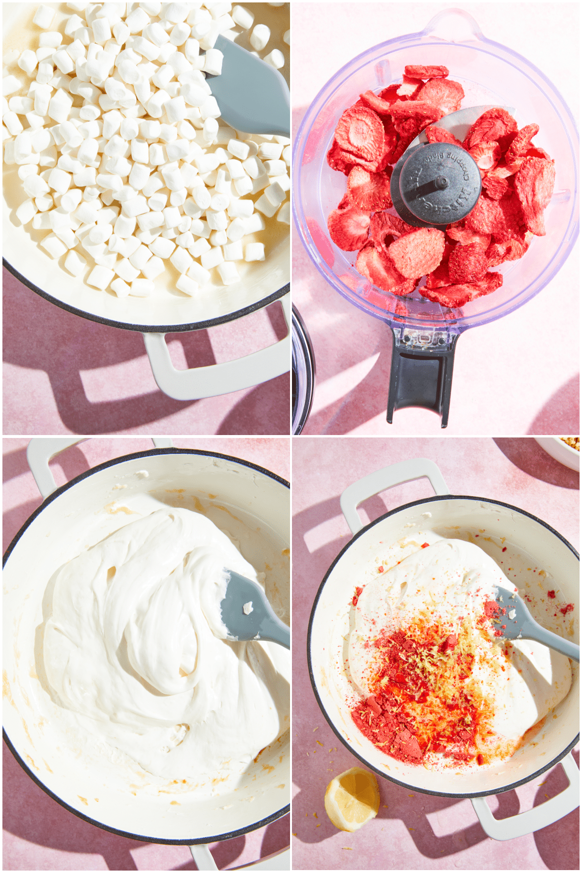 A four image collage showing how to make strawberry lemon rice crispies, part one: Melt marshmallows and butter in a pot, process freeze dried strawberries into powder, add this strawberry powder, lemon juice and zest to the melted marshmallows.