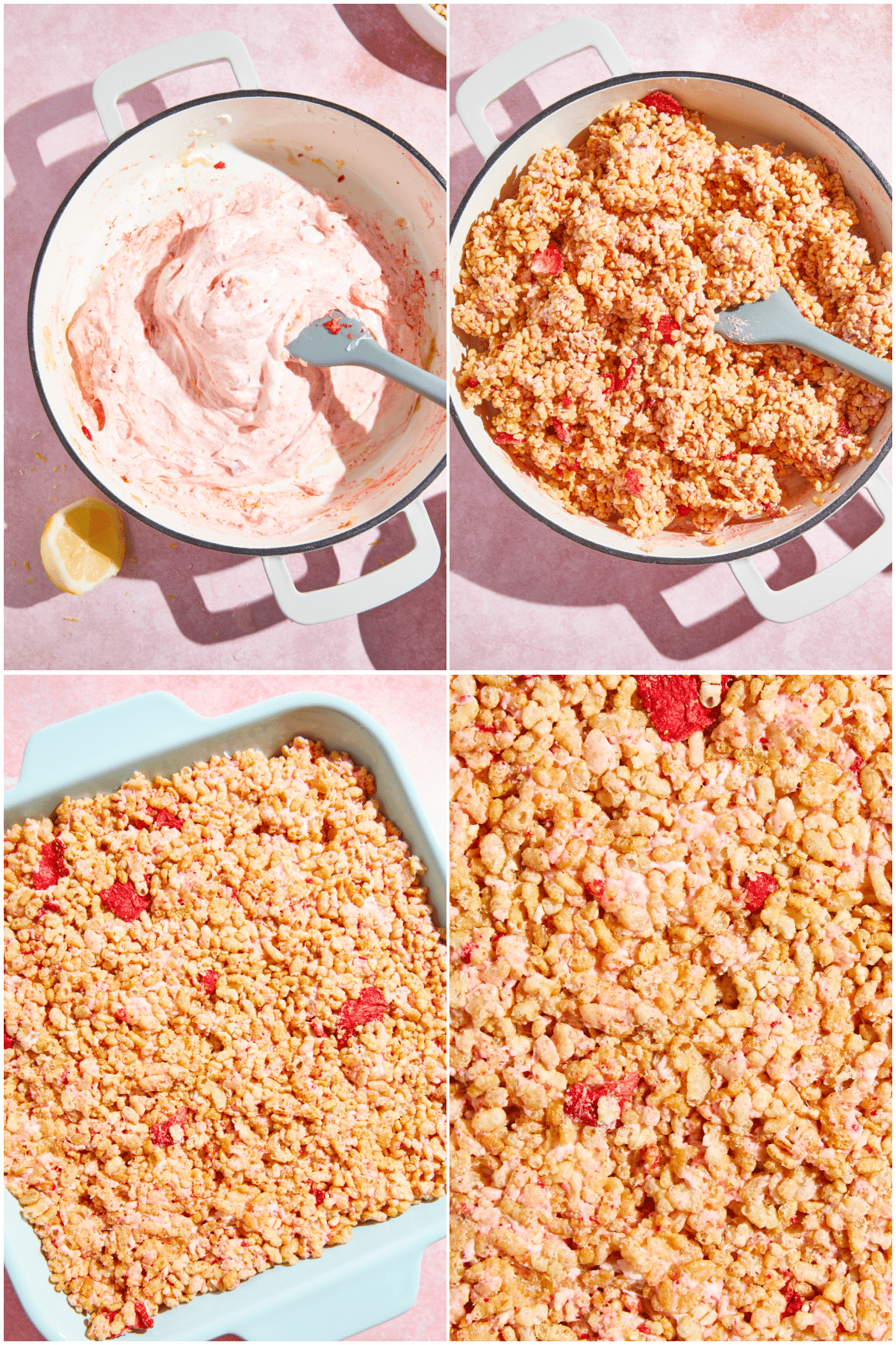 A four image collage showing how to make strawberry lemon rice crispies, part two: stir the strawberries into the melted marshmallows, add the cereal and stir, press into the pan.