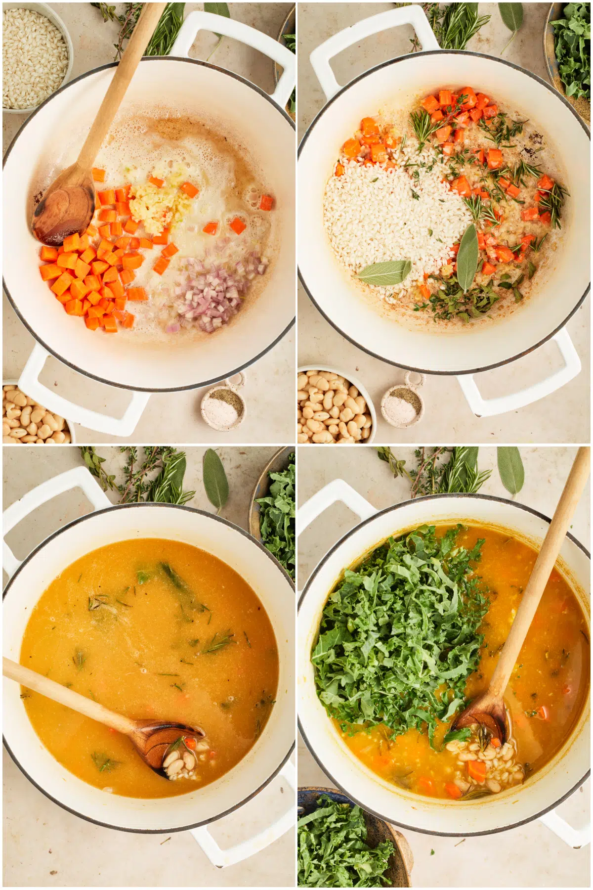 A four image collage showing how to make lemon kale white bean soup: sauté shallot and garlic, add carrots, herbs, and rice. Cover and cook. Add broth, kale and lemon and serve.