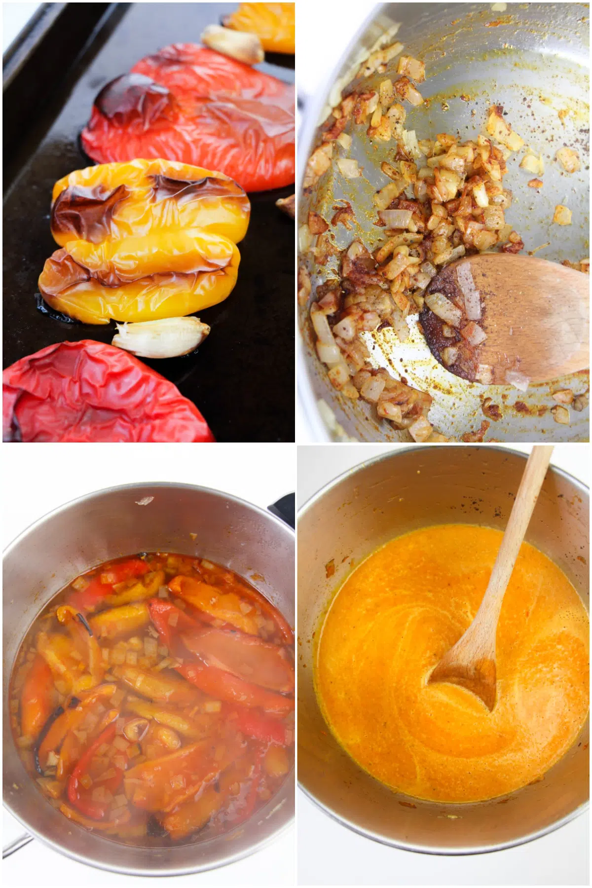 A four image collage shows how to make roasted pepper bisque: roast the peppers, carrots, and garlic, sauté onion and shallot, add the broth, beans, and remaining spices, boil and simmer and blend to a smooth soup.